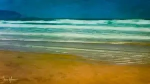 תמונה מופשטת של חוף הים עם גלים, עם צבעים חיים ובהירים שמביאה את החוף עד לבית